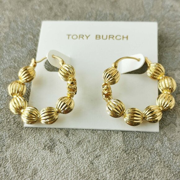 Tory Burch Gold Roxanne Fluted Bead Hoop Earrings Genuine - Picture 1 of 3